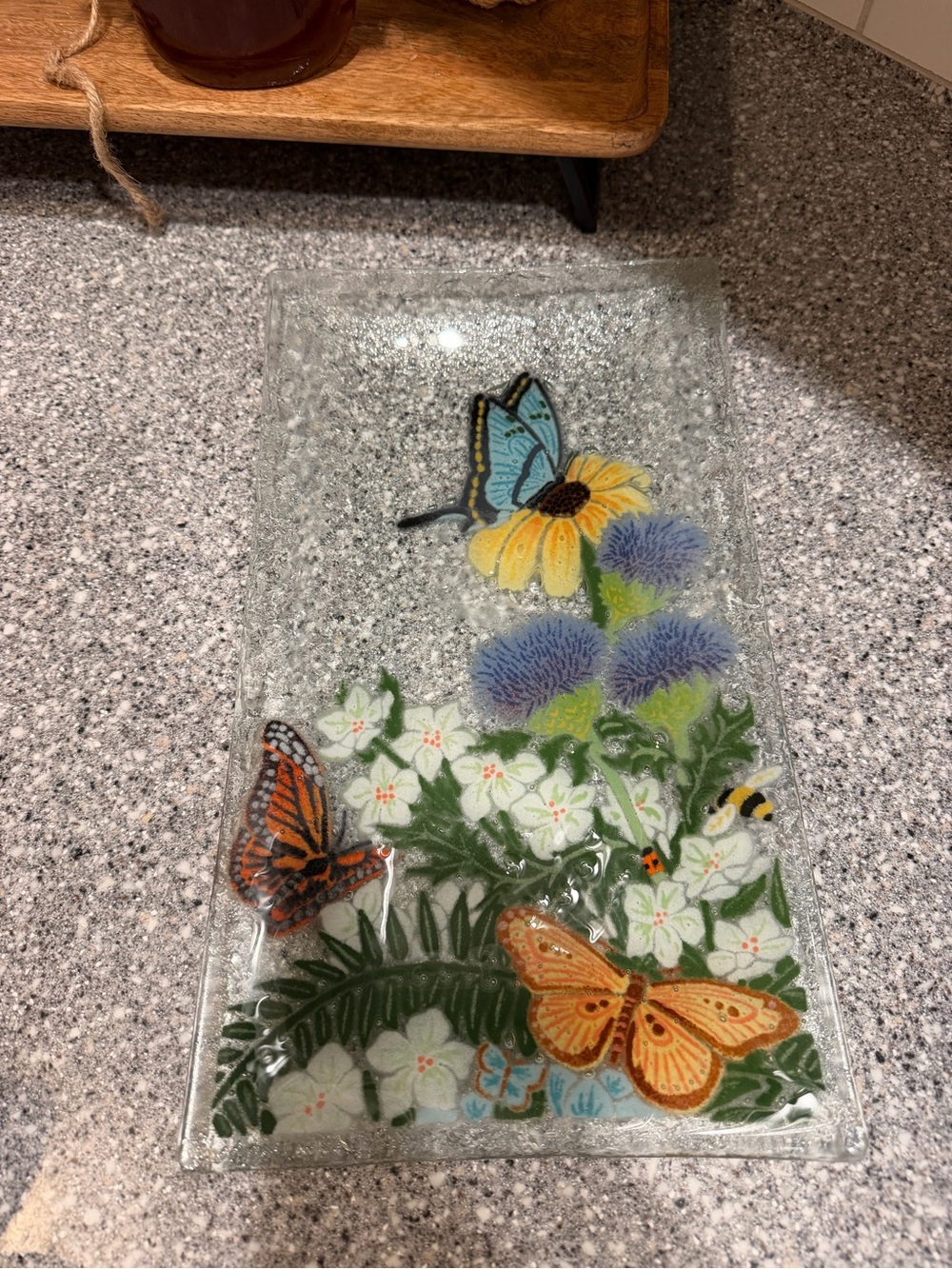 Decorative Glass Butterfly Floral Tray - Multicolor